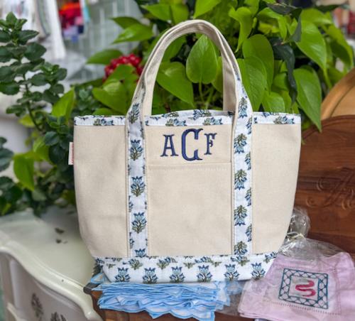 Monogrammed Handy Block Print Open Tote Aqua  Luggage & Bags > Shopping Totes