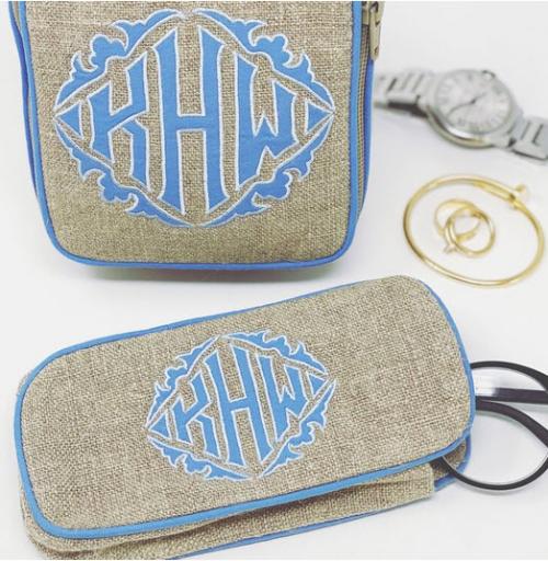  Eyeglass Case and Single Andrea in natural textured linen with blue Maguire appliqué  Any appliqué or monogram available   7� Single Andrea Jewelry Case and Eye Glasses Case NULL