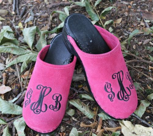Hot Pink suede clogs with a black monogram in victor font Hot pInk Suede Clogs with black monogram NULL
