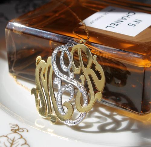 Gold and Silver Monogram with CZs set in Center Letter  Apparel & Accessories > Jewelry > Necklaces